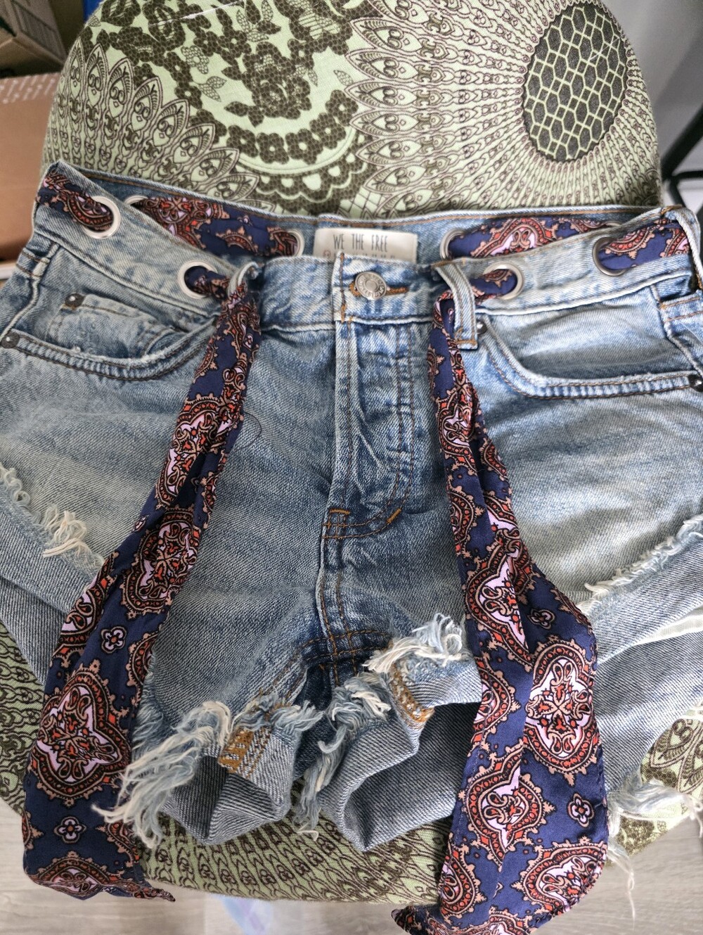 We The Free Light Blue Denim Shorts with Navy Paisley Sash